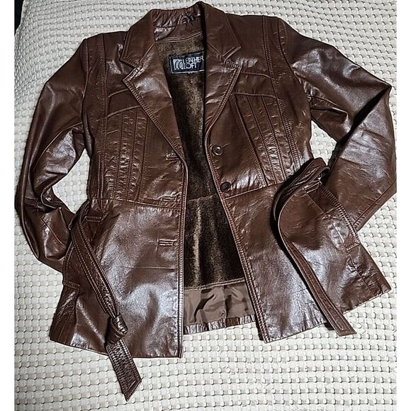 Leather Loft  100% Leather Vintage Brown Jacket 9/10 Belt Buttons Fleece Lining - Picture 1 of 16